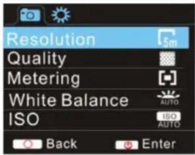Resolution Quality Metering White Balance ISO ISO AUTO Back Enter