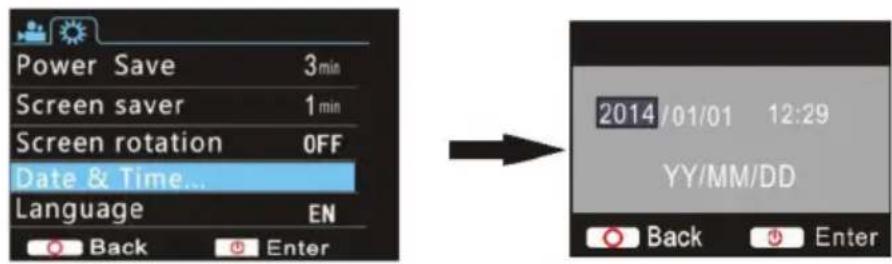 Power Save 3min Screen saver 1min Screen rotation OFF Date & Time... Language EN Back Enter 2014/01/01 12:29 YY/MM/DD Back Enter