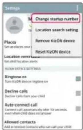 Settings Change startup number Location search setting Remove Ki2ON device Reset Ki2ON device Places Set up places your Location remr set child location alerts Ki2ON DEVICE SETTINGS Ringtone on Turn Ki2ON device ringtone on Decline calls Decline calls from your child Auto-connect call Connect call automatically after 10 seconds, even when child does not answer Allowed contacts Add or remove contacts who can call your child.