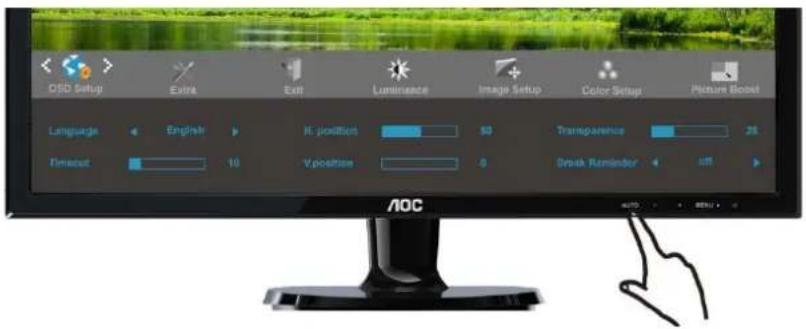 OSD Setup Extra Exit Luminance Image Setup Color Setup Picture Boost Language English H: position 50 Transparency 25 Timeout 10 Y position 0 Brush Reminder on AOC