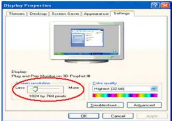 Display Properties Themes Desktop Screen Save Appearance Settings Display: Plug and Play Monitor on 3D Prophet III Screen resolution More Less 1024 by 769 pixels Color quality Highest (32 bit) Troubleshoot... Advanced OK Cancel Apply