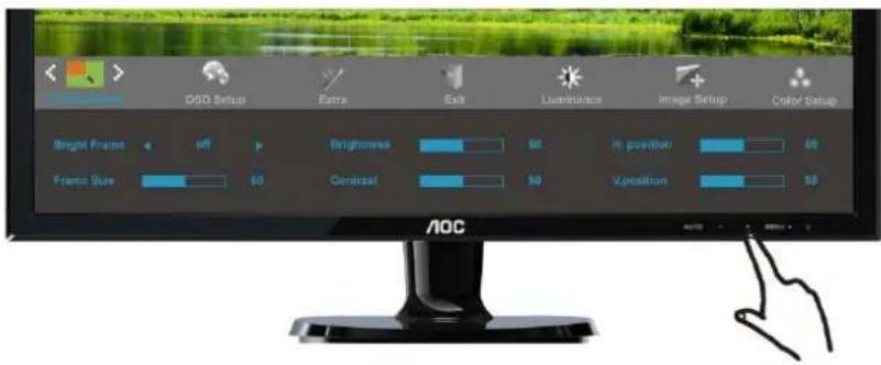 O3D Setup Extra Exit Luminance Image Setup Color Setup Bright Frame off Brightness 50 Hi position 50 Frame Speed 60 Contrastal 50 Upposition 50 AOC