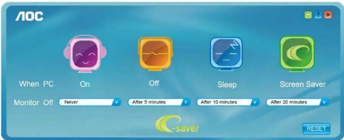 AOC When PC On Off Sleep Screen Saver Monitor Off Never After 5 minutes After 10 minutes After 20 minutes C-saver RESET