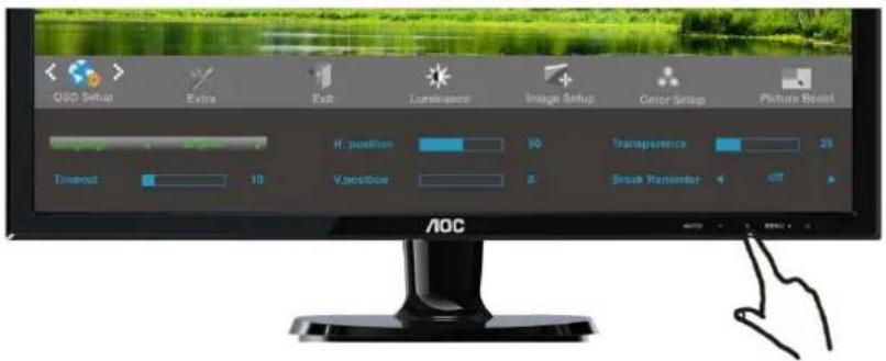 QCD Setup Extra Exit Luminance Image Setup Color Setup Picture Boost H: position 30 Transparence 28 Timeout 10 Vibration 0 Break Reminder OFF AOC