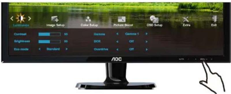 Lumbaride Image Setup Color Setup Picture Boost OSD Setup Extra Exit Contrast 50 Gamma Gamma 1 Brightness 50 DCR Off Eco mode Standard Overdrive Off AOC