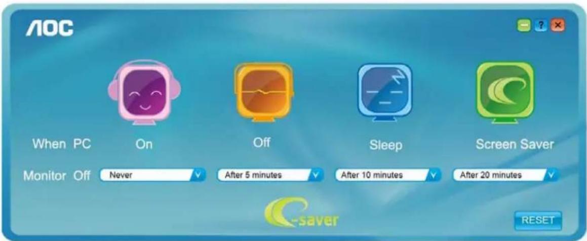 AOC When PC On Off Sleep Screen Saver Monitor Off Never After 5 minutes After 10 minutes After 20 minutes C-saver RESET