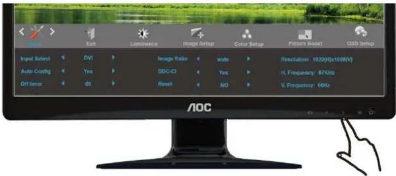 Exit Luminance Image Setup Color Setup Pictures Boost OGB Setup Input Select DV1 Image Ratio wide Resolution: 1020(Hct1000V) Auto Config Yes DDC-CI Yes H. Frequency: 67KHz Off Seter 00 Reset NO V. Frequency: 60Hz AOC