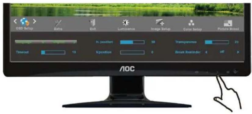 OSD Setup Extra Exit Luminance Image Setup Color Setup Picture Boost H: position 50 Transparency 20 Timeout 10 X position 0 Break Reminder off AOC