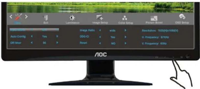 Exit Luminance Image Setup Color Setup Pictures Boost O3D Setup Image Ratio Wide Resolution: 1820(Hx1680(V)) Auto Config Yes DDC-CI Yes H. Frequency: 87KHz Off Timer 00 Reset NO V. Frequency: 60Hz AOC