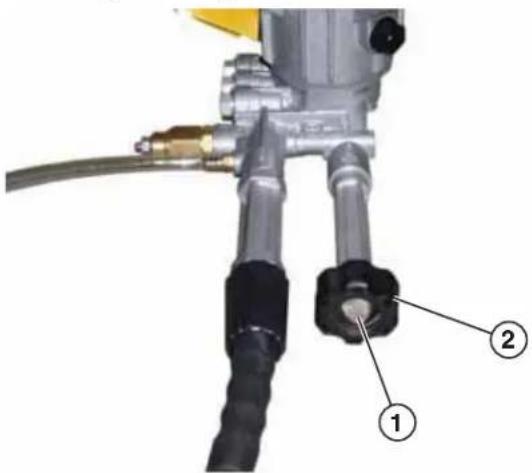Technical diagram of a mechanical device with labeled parts 1 and 2, showing hoses and connectors.