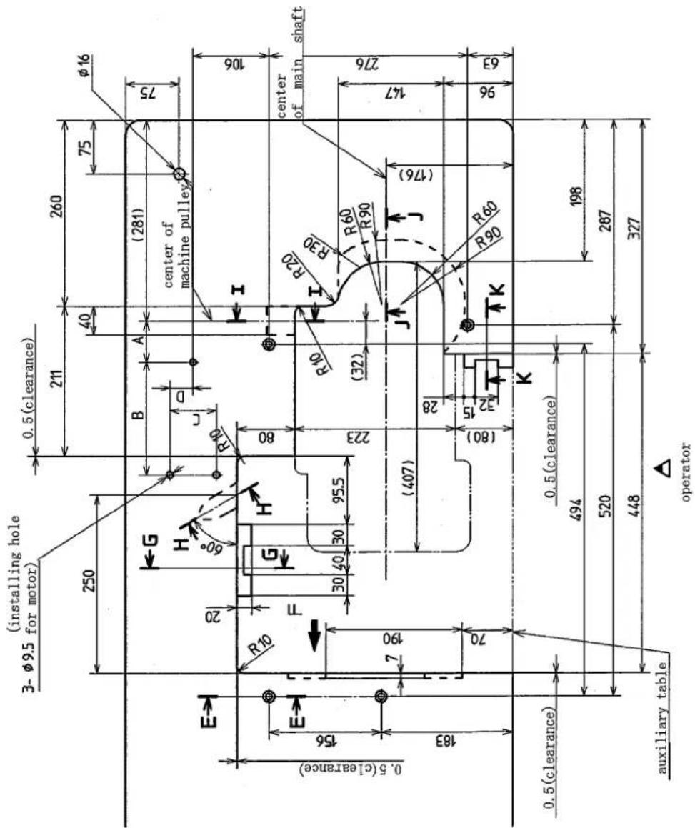 (installing hole for motor) 3-ø9.5 0.5(clearance) 211 260 250 40 75 ø16 B A (281) center of machine pulley 75 E G H C D I R10 80 106 156 E R10 G H 30 40 30 95.5 223 R10 R20 R30 R60 R90 (32) J (176) 147 276 183 7 190 (407) 28 (80) 32 K R90 R60 96 63 0.5(clearance) 0.5(clearance) 494 198 520 287 448 3…