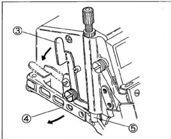 Technical diagram of a mechanical assembly with numbered parts and directional arrows indicating motion or force