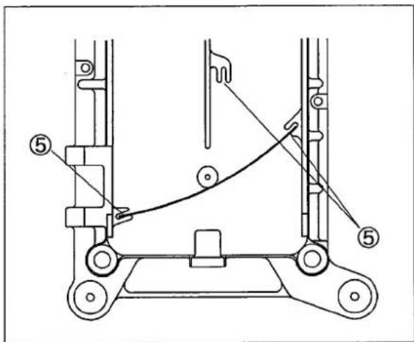 Technical diagram of a mechanical linkage system with labeled components and motion indicators