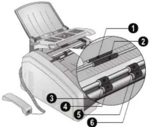 Diagram of a printer with numbered parts labeled 1 to 6, showing internal structure and assembly.