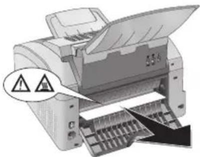 Diagram of a printer with warning symbols indicating hazard, showing paper print and printer output.