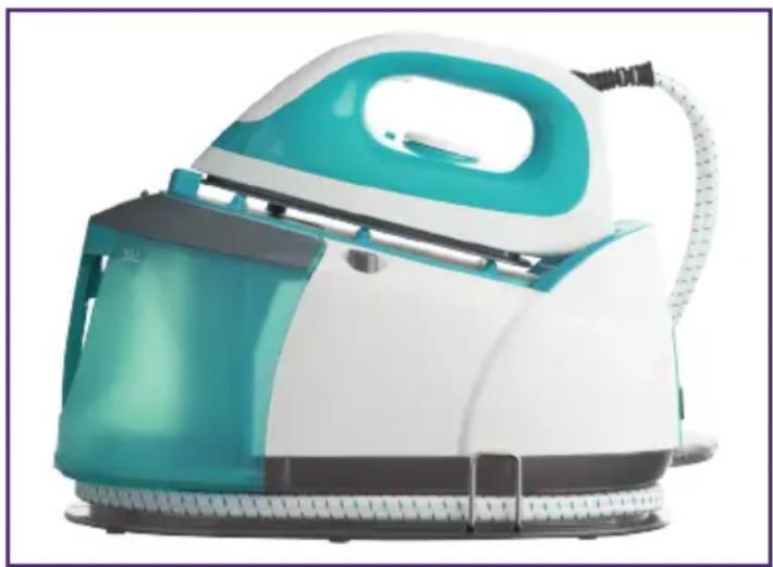 Exterior view of a modern electric steam iron with teal and white casing (no text or symbols visible)