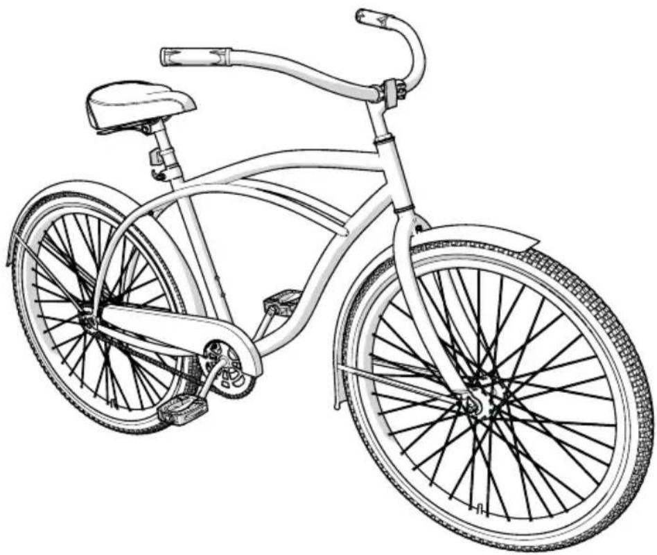 Line drawing of a classic bicycle with front wheel, rear wheel, and side seat (no text or symbols)