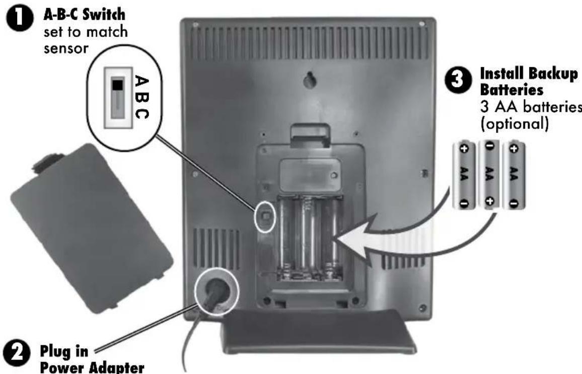 ① A-B-C Switch set to match sensor ABC ② Plug in Power Adapter ③ Install Backup Batteries 3 AA batteries (optional)