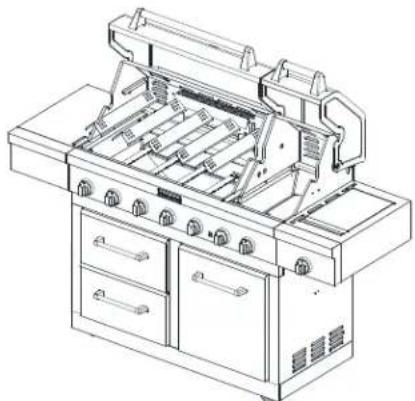 Line drawing of a gas stove with multiple grilles and control panels (no text or symbols)