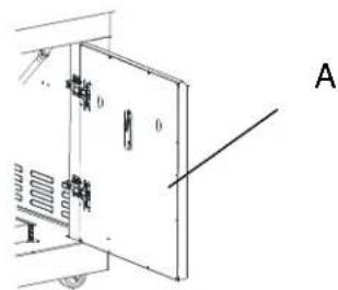Technical diagram of a door mechanism with labeled components and a diagonal line, no readable text or symbols present.
