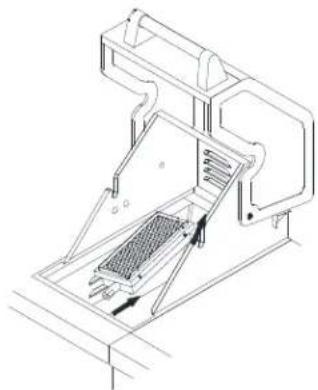 Technical line drawing of a mechanical device with internal components and mounting base (no text or symbols)