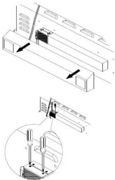 Technical diagram showing mechanical assembly with two views: top view with arrows indicating direction, bottom inset shows a close-up of a component (no text or symbols)