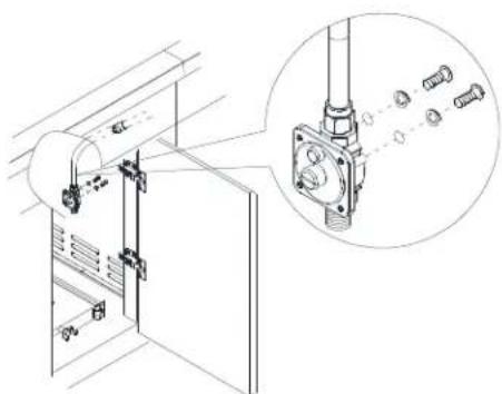 Technical line drawing of a mechanical assembly with a magnified inset showing bolted components (no text or symbols)