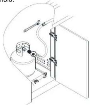 Technical line drawing of a mechanical assembly or valve system inside a cabinet (no text or symbols visible)
