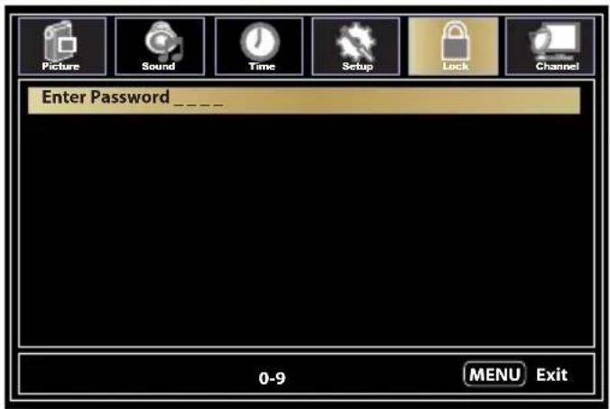 Picture Sound Time Setup Lock Channel Enter Password _ _ 0-9 MENU Exit