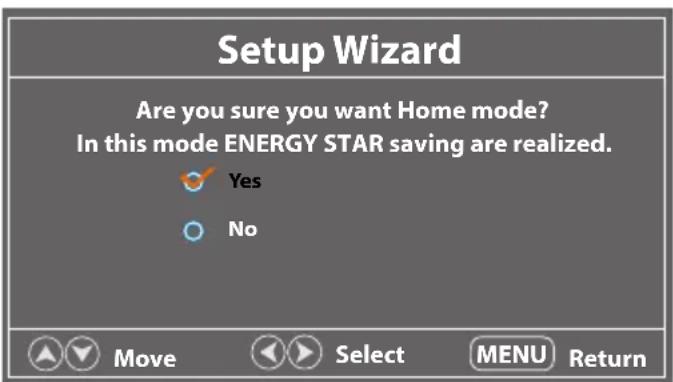Setup Wizard Are you sure you want Home mode? In this mode ENERGY STAR saving are realized. Yes No Move Select MENU Return