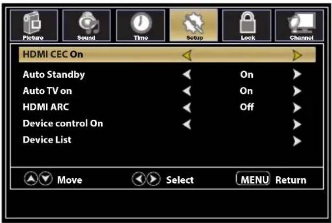 HDMI CEC On Auto Standby Auto TV on HDMI ARC Device control On Device List On On Off Move Select MENU Return