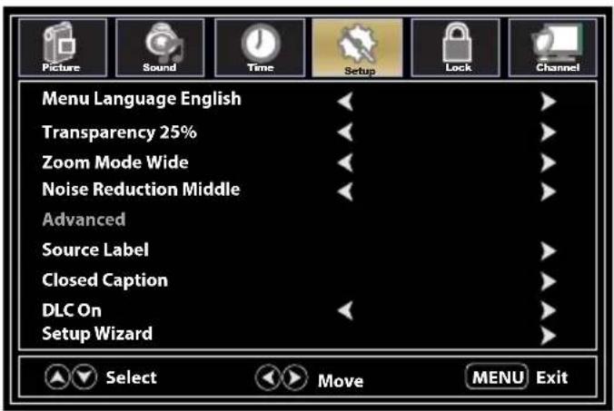 Menu Language English Transparency 25% Zoom Mode Wide Noise Reduction Middle Advanced Source Label Closed Caption DLC On Setup Wizard Select Move MENU Exit