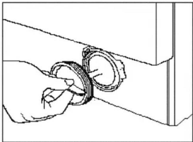 Line drawing of a hand fastening a mechanical ring component (no text or symbols)
