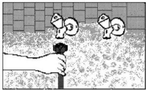 Illustration of a hand holding a tool with three floating objects above, set against a tiled wall background (no text or symbols)