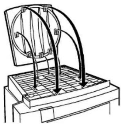 Technical line drawing of a mechanical device with curved arrows indicating motion or force direction (no text or symbols)