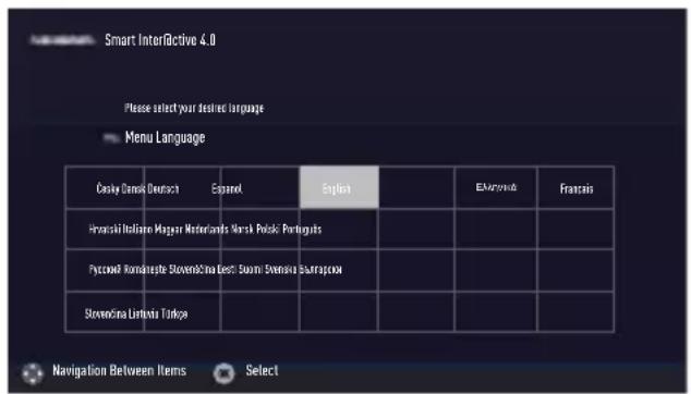 Smart InterifActive 4.0 Please select your desired language Menu Language Casbyi Cenok Deutsch Espinalol English EMarkvini Francais Himanskii Italiano Magyar Netherlands Marak Polask Portuguats Pycsoni Romântephe Slovenicina Deuts South Slovničina Strupljana Slovenicina Lintava Tūrka Navigation Between Items Select
