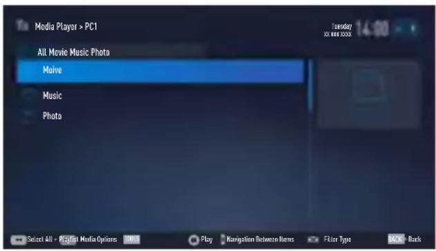Media Player > PC1 All Movie Music Photo Maive Music Photo Selected All - Play Media Options 100% Play Navigation Between Items Filter Type Back