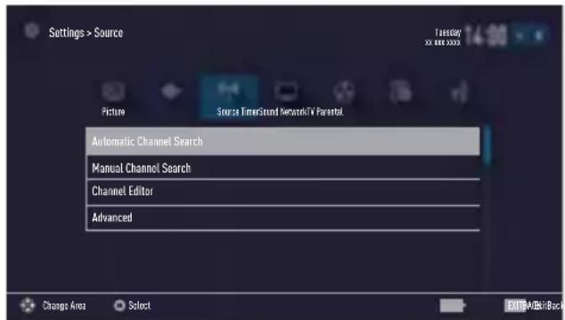 Settings > Source Picture Source TimerSound NetworkTV Parental Automatic Channel Search Manual Channel Search Channel Editor Advanced Changes Area Select Tuesday xx.000 0000 EXIT/ABsBack