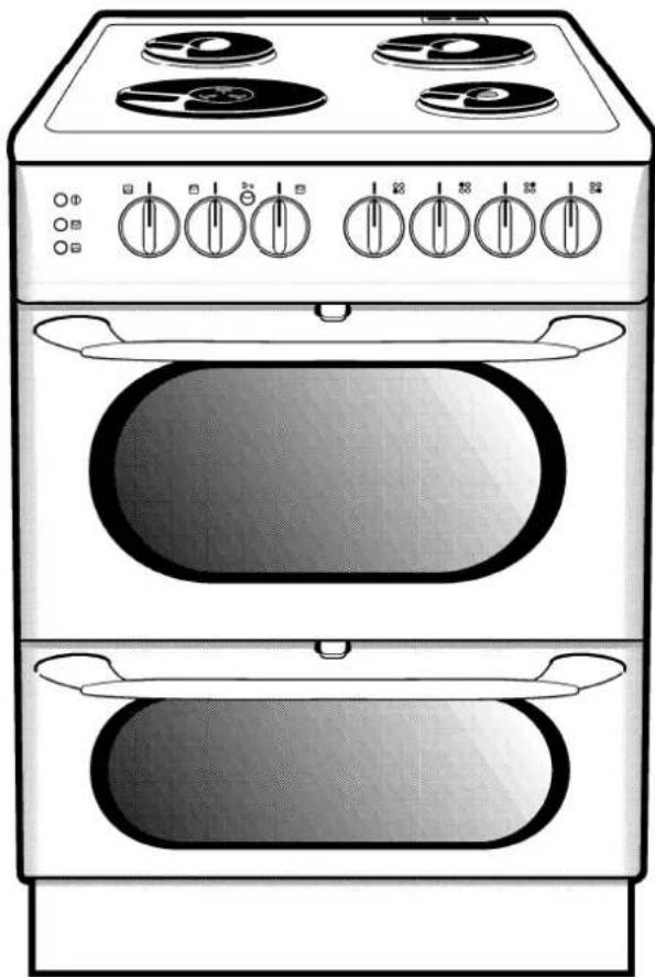 Line drawing of a vintage double boiler oven with four stoves and control knobs (no text or symbols)