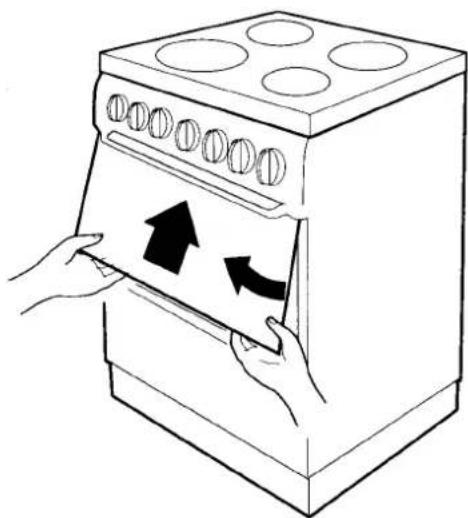 Line drawing of hands opening a kitchen oven with arrows indicating direction (no text or symbols)