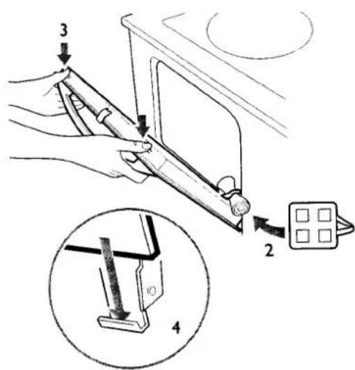 Diagram illustrating a mechanical device with labeled parts and an inset showing a component with pins and a grid.