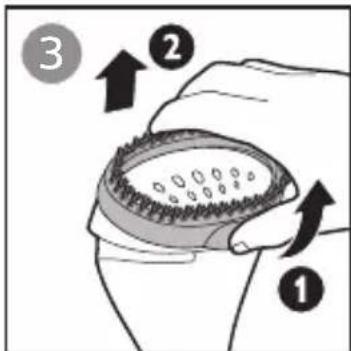 Diagram showing a hand holding a circular object with numbered arrows indicating steps 1, 2, and 3.