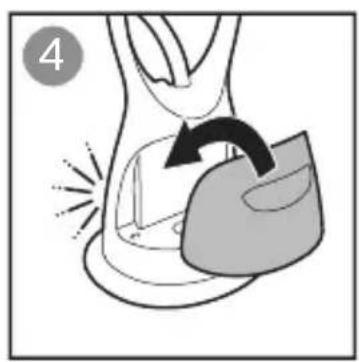 Illustration of a hand pressing down on a device with an arrow indicating motion (no text or symbols)