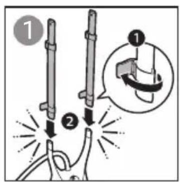Diagram illustrating a cable installation procedure with labeled steps 1 and 2, showing tool positioning and magnified detail.