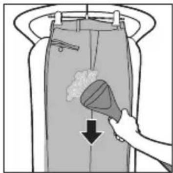 Illustration of a hand using a tool to clean or brush the material inside a container (no text or symbols)