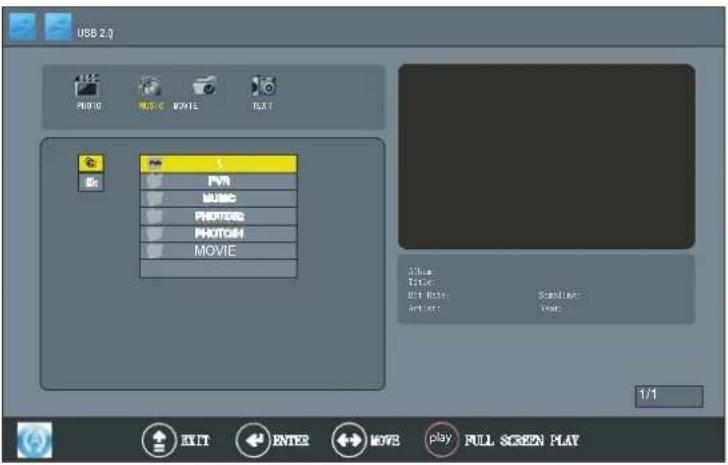 USB 2.3 AUDIO MUSIC MOVIE TEXT OK 1 FVR MUSIC PHOTOS PHOTOS MOVIE Blue Text: Bit Rate: Sampling: Active: Year: 1/1 EXIT ENTER MOVE play FULL SCREEN PLAY