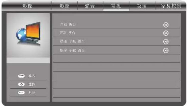 影像 影片 聲音 電視 設定 家長控制 自動 播台 更新 播台 機械 手動 播台 數字 手動 播台 Long 進入 選擇 Text 返回