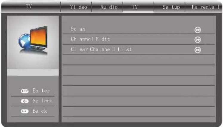 TV Vi deo Au dio TV Se tup Pa renta l Se an Ch annel E dit Clear Cha nne | Li st Enter En ter Select Back