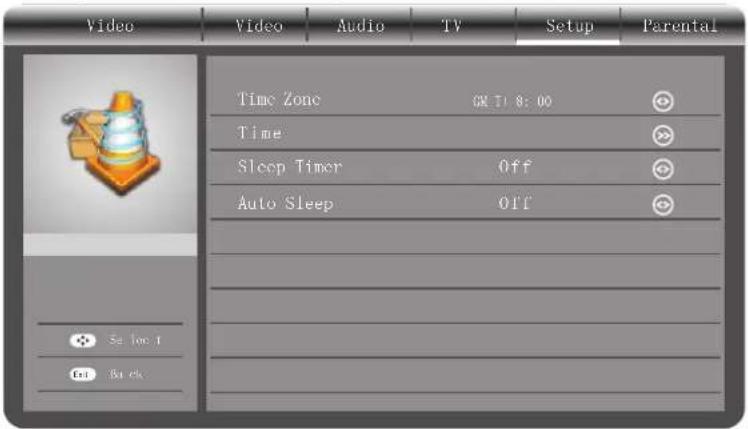 Video Time Zone Time Sleep Timer Auto Sleep So loc 1 Get Back Audio TV OK TO 8:00 Off Off Parental