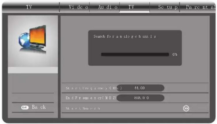 TV Video Audio TV Set up Parental Search for a n log e b ann 1 s. 0% Start i: P r o g a c h y ( M I z ) 41.00 End o F r e q u e n c y ( M E Z ) 865.0 0 Start i: S e a r c h